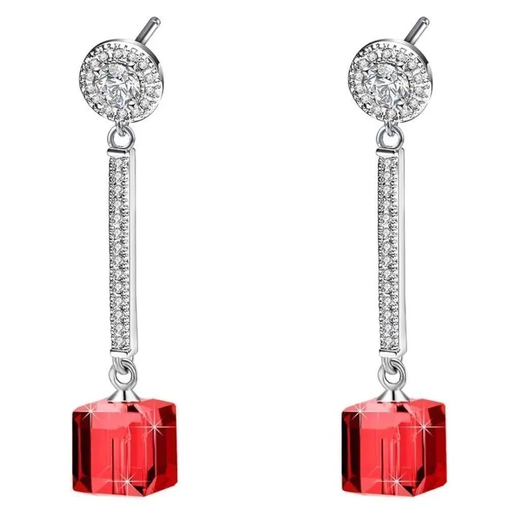 .925 Sterling Silver with Ruby Red Austrian Crystal Dangling Cube Post Earrings